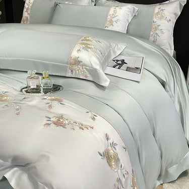 Luxury White Purple Chic Rose Flowers Embroidery Ice Silky Duvet Cover Bedding Set